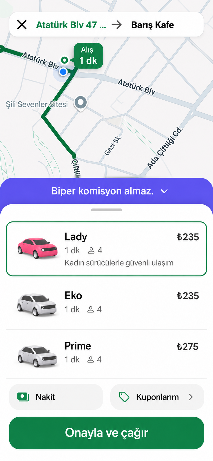 Biper uygulamasında araç seçimi ekranı